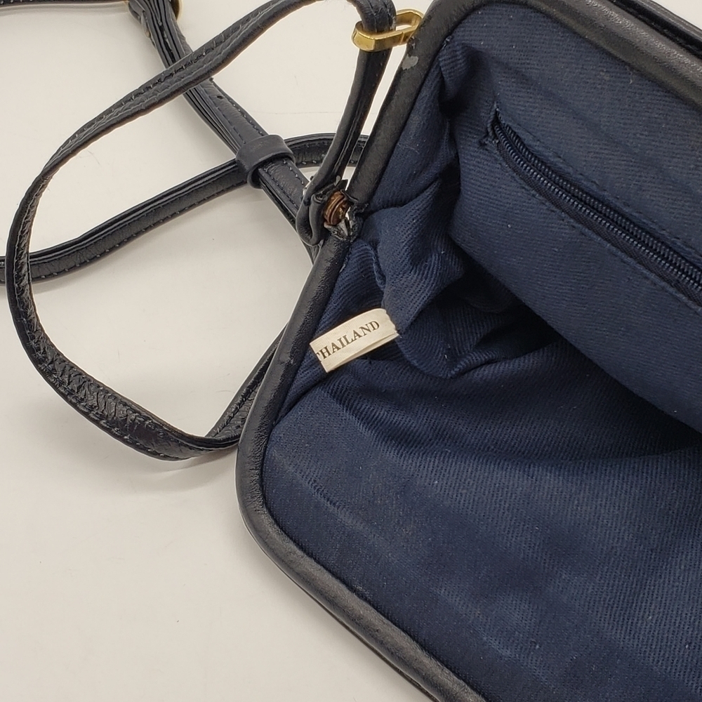 VINTAGE women dark navy blue bag crossbody soft leather 3 compartments lined - Picture 9 of 14